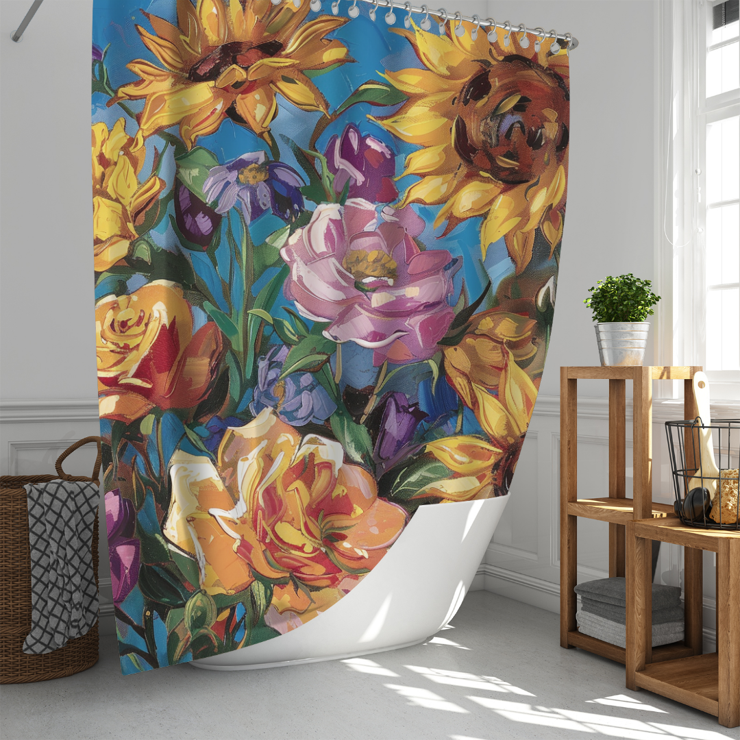 The Cotton Cat Colorful Purple Floral Sunflower Shower Curtain Blue Sky-Cottoncat showcases vibrant artwork featuring sunflowers, roses, and other flowers. It adorns a white bathroom complete with a wicker basket and a wooden shelving unit. Natural light from a window enhances the refreshing atmosphere of the space.