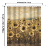 The Rustic Retro Sunflowers Shower Curtain-Cottoncat by Cotton Cat showcases a field of sunflower designs beneath a cloudy sky, set against a beige backdrop that complements most farmhouse decor. Measuring 72 inches in length and 66 inches in width.