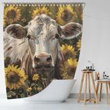 The Farmhouse White Cow in a Field of Sunflowers Shower Curtain by Cotton Cat features a realistic painting of a white cow standing among sunflowers, elegantly draped over a white bathtub. Perfect as farmhouse shower curtain or sunflower bathroom decor, this piece adds rustic charm to any bathroom setting.