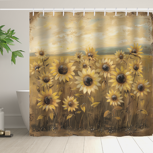 The Rustic Retro Sunflowers Shower Curtain by Cotton Cat features a field of sunflower designs under a cloudy sky. A leafy green plant is visible on the left side, next to a white bathtub, enhancing the farmhouse decor.