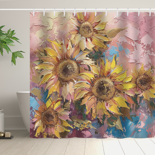 The bathroom decor features an Artistic Colorful Pink Sunflower Shower Curtain-Cottoncat by Cotton Cat, showcasing large sunflowers set against a backdrop of abstract pastel shades. A plant is placed near a white bathtub in this minimalistic space, enhancing the charm of the vibrant polyester curtain.