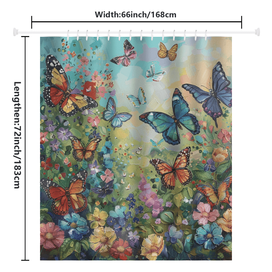 Transform your bathroom into a vibrant sanctuary with the whimsical Colorful Blue Butterfly Shower Curtain by Cotton Cat. Measuring 66x72 inches, this tapestry showcases a stunning array of butterflies and flowers and is crafted from high-quality water-resistant fabric, adding a touch of nature to your decor.