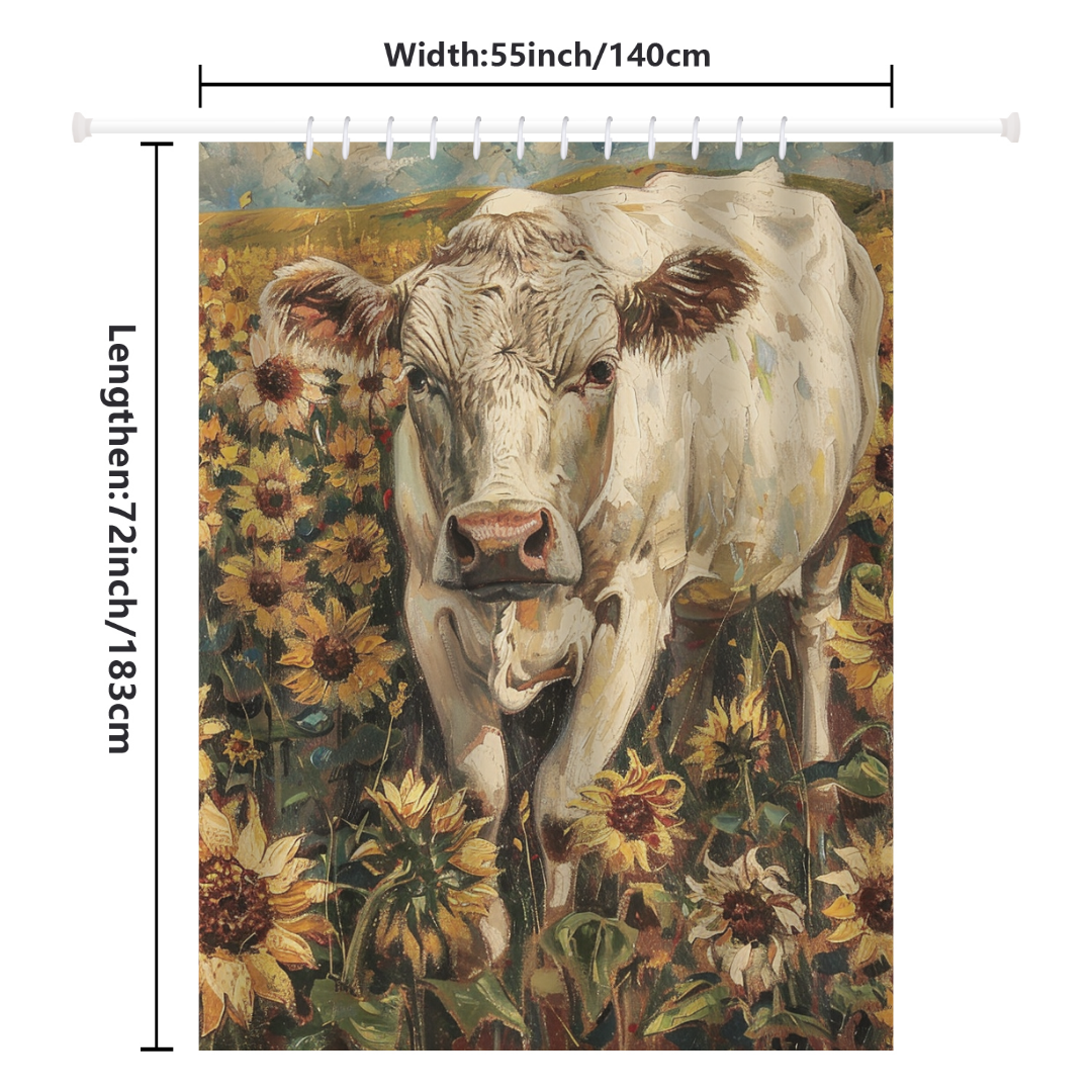 The Cotton Cat Farmhouse Cow in a Field of Sunflowers Shower Curtain, measuring 55 inches wide by 72 inches long, features a charming cow standing in a sunflower field—perfect as farmhouse bathroom decor or as a unique shower curtain.