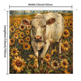 The Cotton Cat Farmhouse Cow in a Field of Sunflowers Shower Curtain showcases a delightful white cow amidst a vibrant field of sunflowers. Measuring 72 inches (183 cm) in both width and length, this curtain is ideal for introducing a touch of farmhouse charm to your bathroom decor.