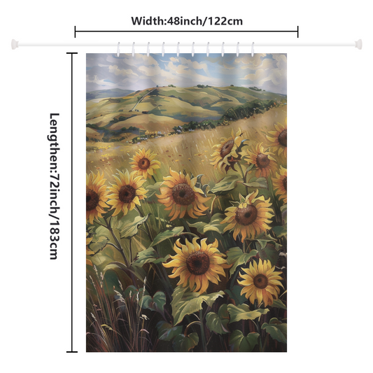 Enhance your bathroom decor with the Rustic Sunflowers Grasses Gentle Hills Shower Curtain by Cotton Cat. Featuring a sunflower field set against a gentle hilly landscape, this charming curtain measures 48 inches (122 cm) in width and 72 inches (183 cm) in length, making it a perfect addition of vibrant elegance to any bathroom space.