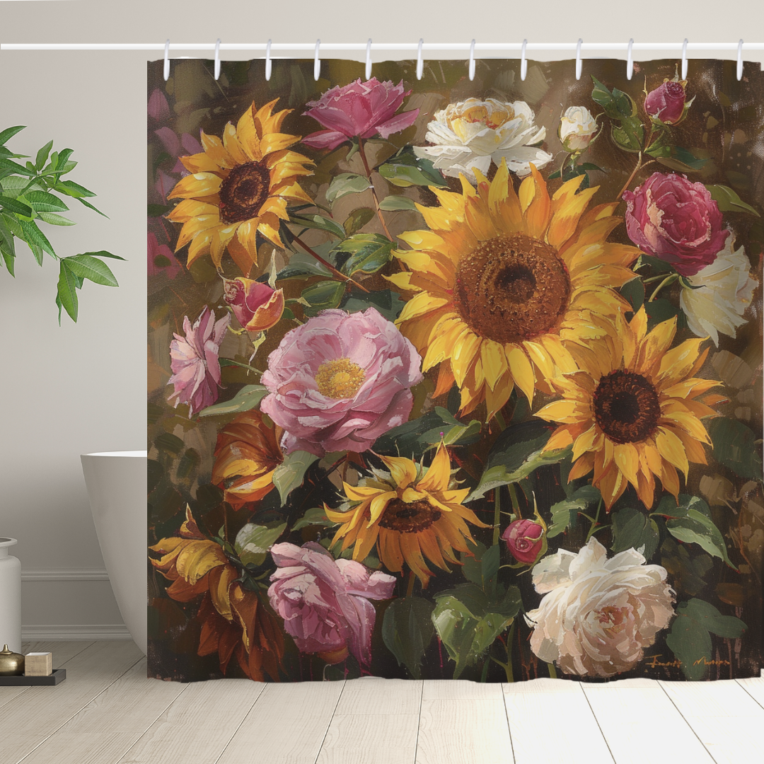 Enhance your bathroom decor with the vibrant "Colorful Painting Sunflower Pink Roses Shower Curtain - Cottoncat" by Cotton Cat, featuring a colorful painting of sunflowers, pink roses, and lush green foliage. A white bathtub and a potted plant add an extra touch of elegance to the background.