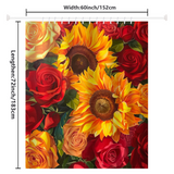 The Romantic Sunflower Red Roses Shower Curtain by Cotton Cat is a premium polyester curtain featuring vibrant sunflowers and red roses, perfect for adding a touch of romantic-themed decor. The curtain measures 60 inches in width and 72 inches in length.