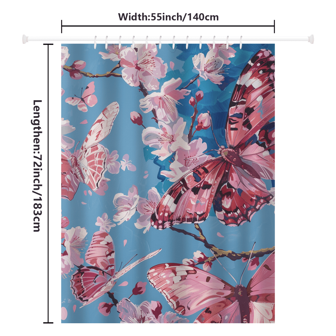 The Cotton Cat Blue Sky Painting Pink Butterfly Floral Shower Curtain beautifully depicts pink and red butterflies amidst cherry blossoms on a serene blue sky background. Made from water-resistant fabric, it measures 55 inches in width and 72 inches in length.