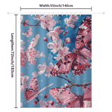 The Cotton Cat Blue Sky Painting Pink Butterfly Floral Shower Curtain beautifully depicts pink and red butterflies amidst cherry blossoms on a serene blue sky background. Made from water-resistant fabric, it measures 55 inches in width and 72 inches in length.