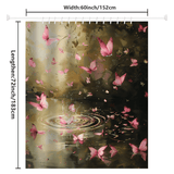 The Pink Butterfly Flying over Forest Water Shower Curtain-Cottoncat by Cotton Cat measures 60 inches in width by 72 inches in length, featuring a design of pink butterflies gliding over rippling forest water, making it the perfect addition to your nature-inspired bathroom decor.