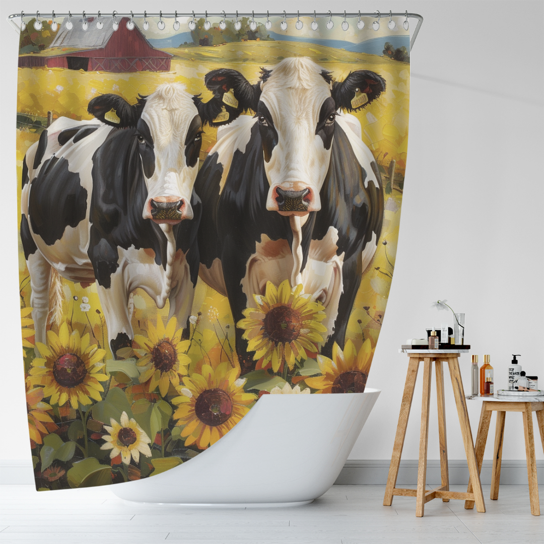 A bathroom with the Cotton Cat Farmhouse Black White Cow Sunflower Shower Curtain, featuring a realistic painting of two black and white cows in a sunflower field, accompanied by a white bathtub and wooden stool adorned with bathroom products in the foreground.