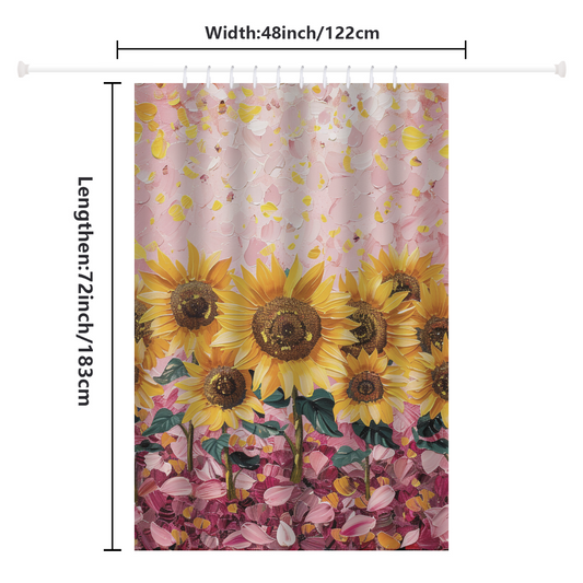 The Cotton Cat Vintage Pink Watercolor Sunflower Shower Curtain, measuring 48 inches in width and 72 inches in length, showcases an artistic paint design.