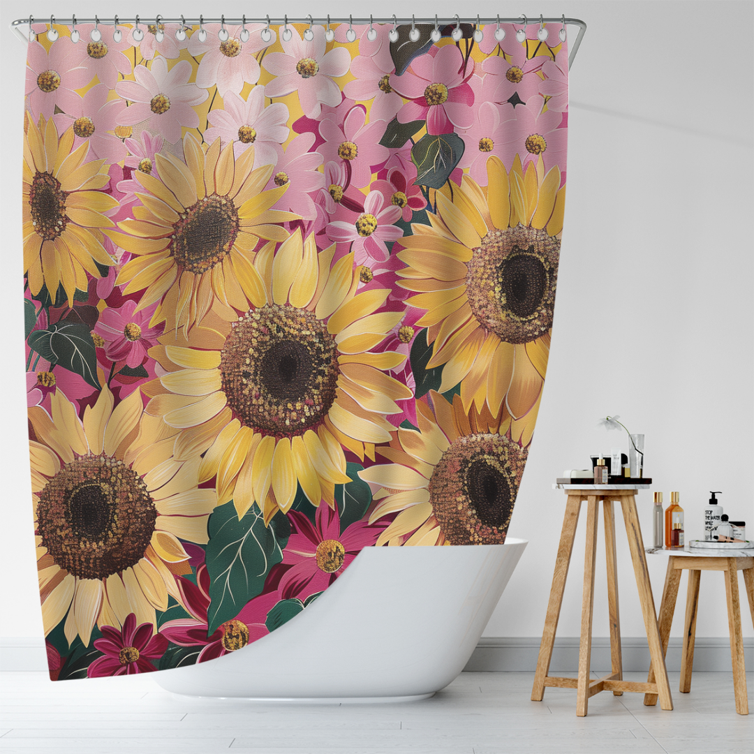 A bathroom scene showcasing a bathtub with the whimsical Vintage Pink Cartoon Sunflower Shower Curtain from Cotton Cat, adorned with large sunflowers and pink flowers. This high-quality polyester shower curtain adds a playful touch to the space. A wooden stool next to the tub holds various toiletries.