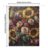 A detailed tapestry featuring an assortment of sunflowers, roses, and other flowers. Dimensions are provided: 55 inches (140 cm) wide and 72 inches (183 cm) long. The Whimsical Sunflower Red Roses Shower Curtain-Cottoncat by Cotton Cat adds a touch of playful design to your bathroom decor.