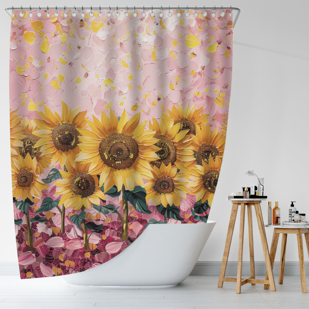 A white bathtub with Cotton Cat's Vintage Pink Watercolor Sunflower Shower Curtain in a bathroom, featuring a small wooden stool with various toiletries next to it, creates an artistic paint-like ambiance that exudes a vintage aesthetic.