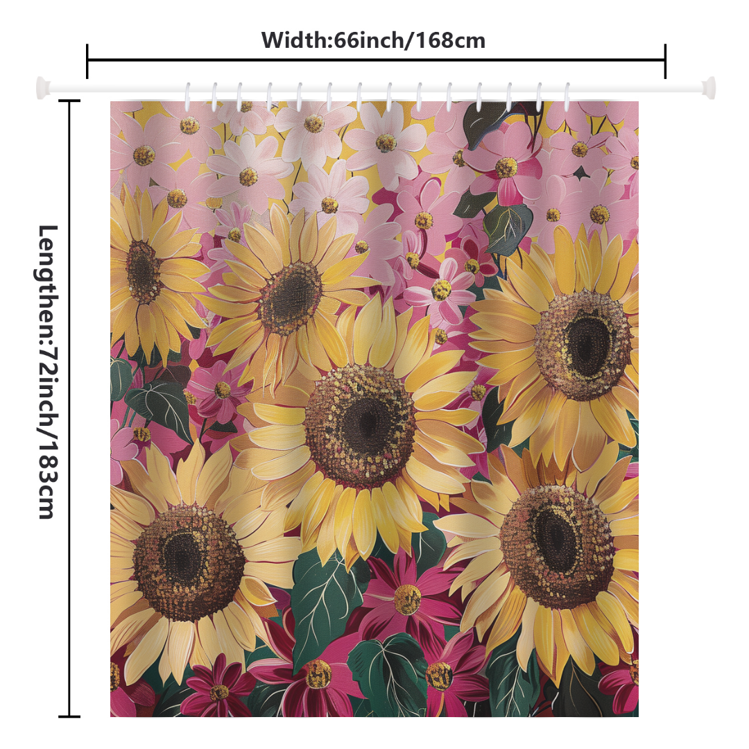 The Cotton Cat Vintage Pink Cartoon Sunflower Shower Curtain showcases a whimsical design of sunflowers and other flowers. Crafted from high-quality polyester, it measures 66 inches in width by 72 inches in length.