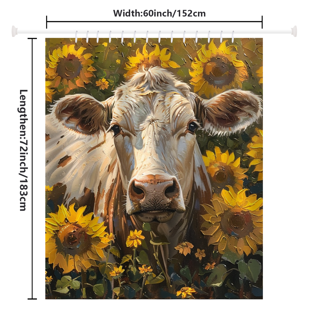 The Cotton Cat "Farmhouse White Cow in a Field of Sunflowers" shower curtain, measuring 60 inches wide by 71 inches long, features a beautiful white cow surrounded by vibrant sunflowers, making it the perfect addition to your farmhouse decor.