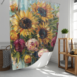 The Cotton Cat Watercolor Painting Sunflower and Roses Shower Curtain brings a touch of elegance to your bathroom decor with its vibrant, artistic floral design showcasing sunflowers and roses. This shower curtain beautifully complements a well-lit bathroom with white walls, a wicker basket, and wooden shelving.