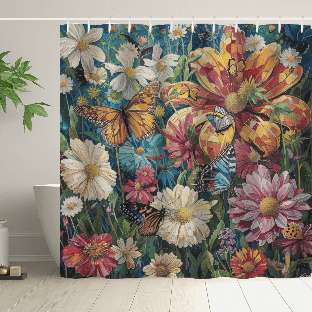 A vibrant Cotton Cat Colorful Blue Butterfly Garden Shower Curtain featuring lively designs of various flowers and butterflies. Perfect for enhancing your bathroom decor, a green plant is placed next to a white bathtub in this clean, modern space.