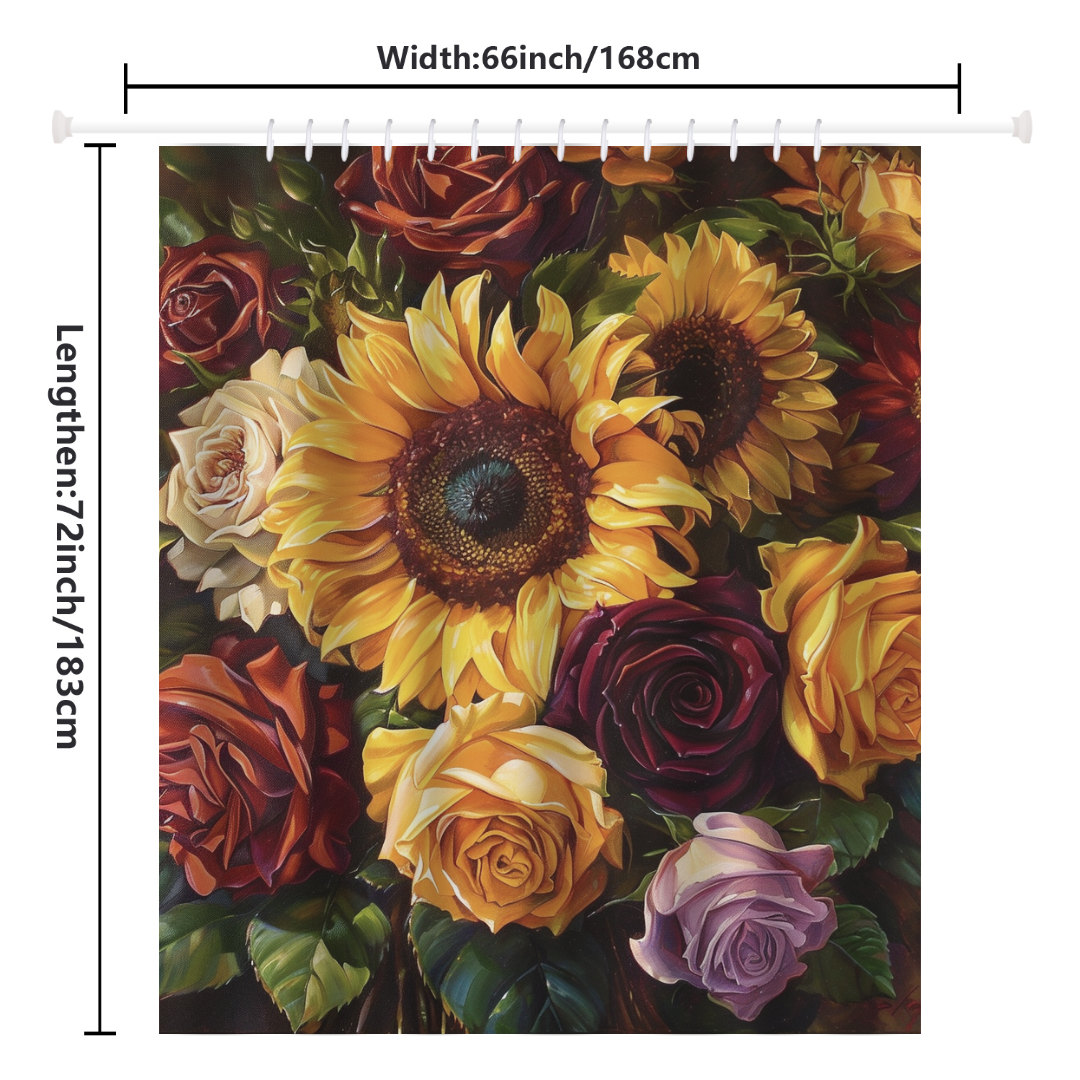 A vibrant artwork featuring a tapestry of sunflowers and roses, measured at 66 inches in width and 72 inches in length, the Colorful Painting Sunflower Roses Shower Curtain-Cottoncat by Cotton Cat beautifully showcases floral themes.