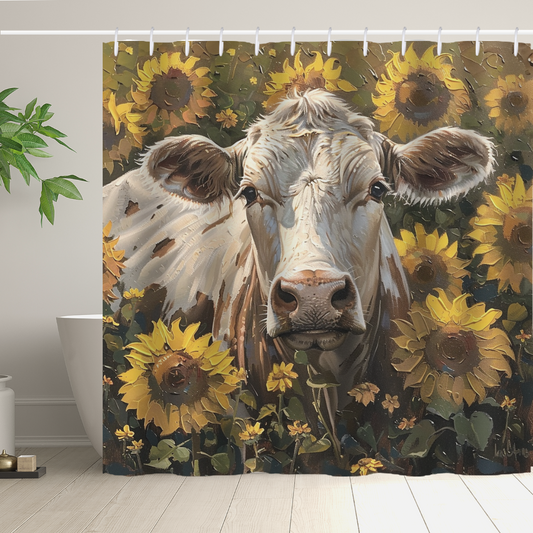 The Farmhouse White Cow in a Field of Sunflowers Shower Curtain by Cotton Cat features an enchanting illustration of a white cow surrounded by sunflowers, adding rustic elegance to your bathroom. The scene includes a potted plant and a bathtub, creating a serene oasis with delightful sunflower decor.
