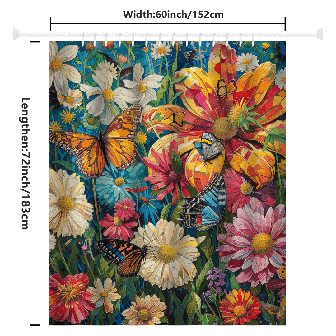 The Colorful Blue Butterfly Garden Shower Curtain-Cottoncat by Cotton Cat features a vivid design with various flowers and butterflies, measuring 60 inches in width and 72 inches in length. This stunning piece adds a touch of charm to your bathroom decor.