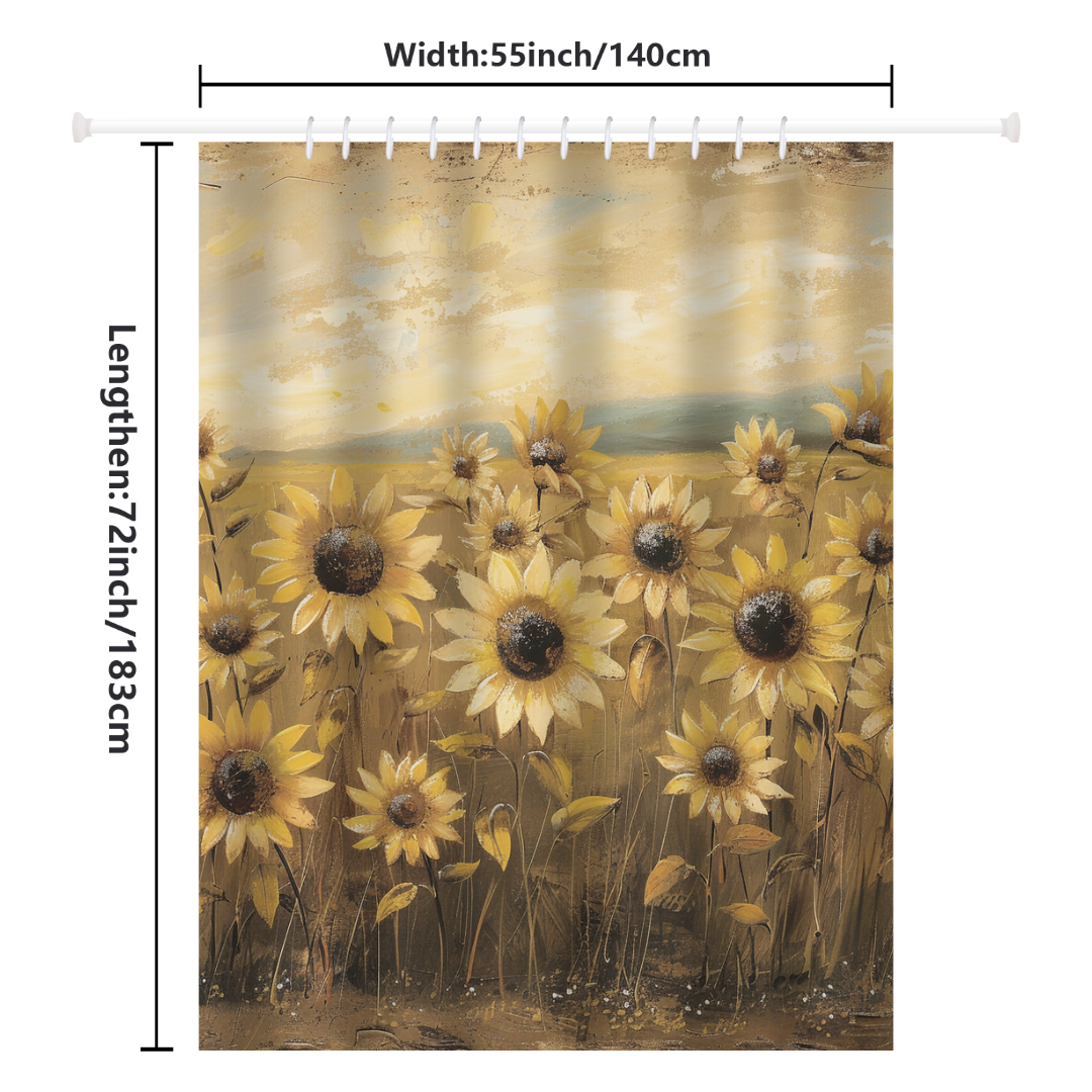 The Rustic Retro Sunflowers Shower Curtain-Cottoncat by Cotton Cat, measuring 55 inches by 72 inches (140 cm by 183 cm), adds vintage flair with its sunflower design. Displayed with a rod and hooks against a neutral background, it seamlessly complements farmhouse-themed decor.