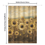 The Rustic Retro Sunflowers Shower Curtain-Cottoncat by Cotton Cat, measuring 55 inches by 72 inches (140 cm by 183 cm), adds vintage flair with its sunflower design. Displayed with a rod and hooks against a neutral background, it seamlessly complements farmhouse-themed decor.