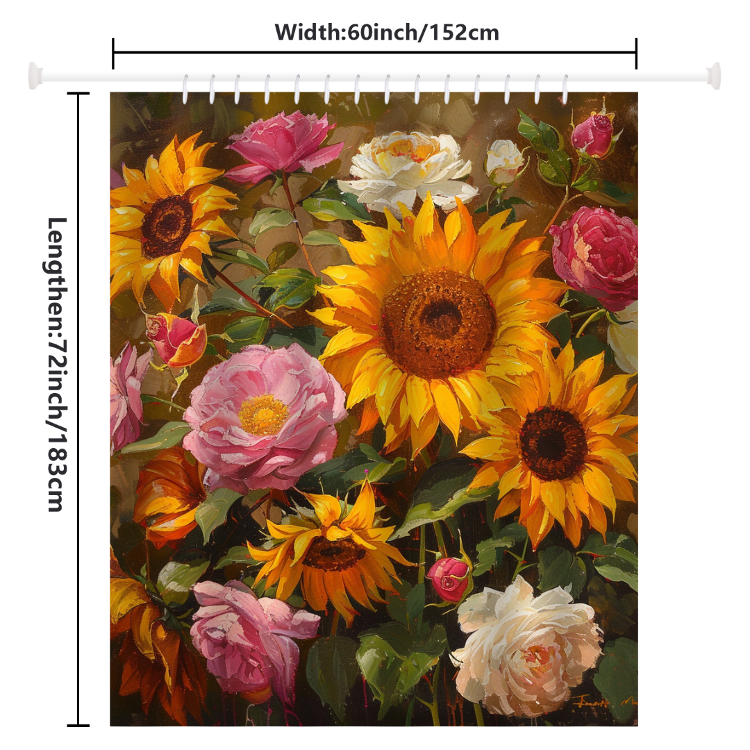 The Colorful Painting Sunflower Pink Roses Shower Curtain-Cottoncat by Cotton Cat is a vibrant wall hanging with dimensions of 60 inches (152 cm) in width and 72 inches (183 cm) in length. Featuring a colorful painting of sunflowers and pink roses, it is perfect as bathroom decor to add a splash of nature's beauty to your space.