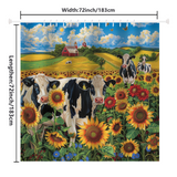 The Rustic Farmhouse Cow Sunflower Shower Curtain Blue Sky-Cottoncat by Cotton Cat showcases a vibrant rural scene with cows in a sunflower field, rolling hills, and a farm in the background. Measuring 72 inches by 72 inches, the dimensions are clearly displayed at the top and left sides.