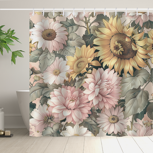 The Retro Aesthetic Pink Sunflower Shower Curtain-Cottoncat by Cotton Cat showcases large, detailed illustrations of pink dahlias, white daisies, and yellow sunflowers amidst green leaves. Perfect for farmhouse decor, it complements a retro aesthetic when paired with a plant placed beside a white bathtub on a wooden floor.