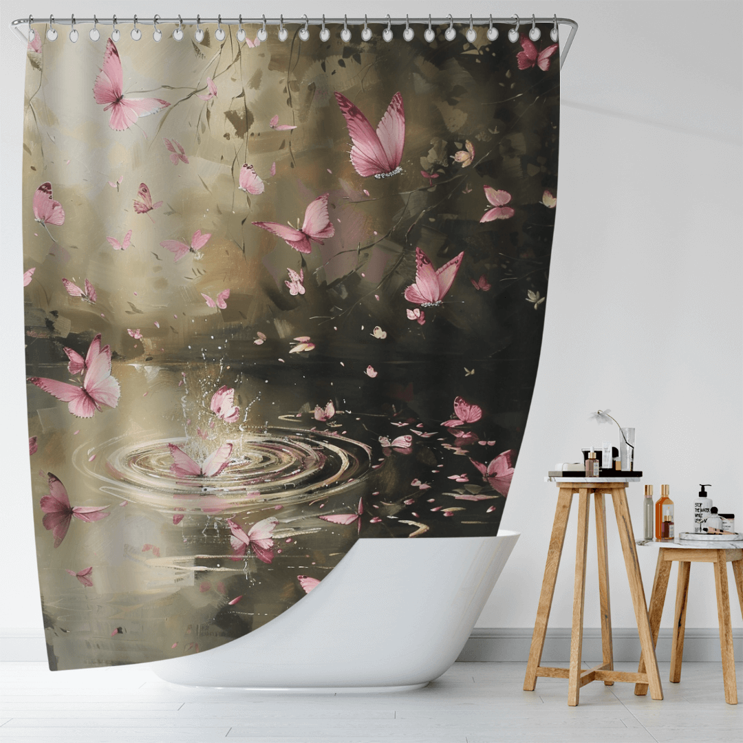 The Pink Butterfly Flying over Forest Water Shower Curtain by Cotton Cat, featuring pink butterflies and a water ripple design, elegantly drapes over a white bathtub in a modern bathroom. This nature-inspired decor adds a touch of serenity, transforming your space into an enchanting forest water scene.