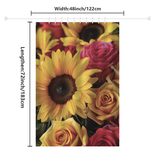 The Cotton Cat Rustic 3D Sunflower Roses Shower Curtain features a colorful floral design with sunflowers and roses. Measuring 48 inches (122 cm) in width and 72 inches (183 cm) in length, this charming curtain adds the perfect touch to your farmhouse bathroom decor.