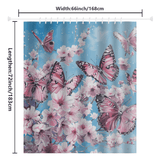 The Vintage Pink Butterfly Flying over Water Shower Curtain by Cotton Cat boasts a charming design featuring pink butterflies and cherry blossoms on a blue background. Made from water-resistant fabric, the curtain measures 66 inches wide by 72 inches long.