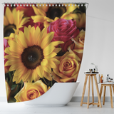 A white bathtub adorned with Cotton Cat's Rustic 3D Sunflower Roses Shower Curtain in various colors, situated next to a set of wooden stools holding bathroom toiletries, creates the perfect farmhouse bathroom decor.