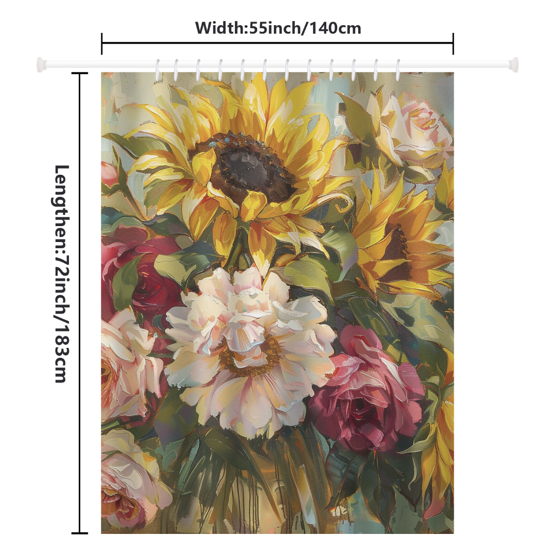 An artistic shower curtain by Cotton Cat, the Yellow Oil Paint Sunflower Pink Flower Shower Curtain-Cottoncat measures 55 by 72 inches and features a stunning oil paint design of sunflowers and roses, adding vibrant charm to any bathroom.