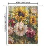 An artistic shower curtain by Cotton Cat, the Yellow Oil Paint Sunflower Pink Flower Shower Curtain-Cottoncat measures 55 by 72 inches and features a stunning oil paint design of sunflowers and roses, adding vibrant charm to any bathroom.