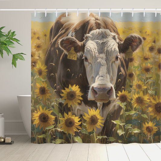 The Cotton Cat Rustic Cow in a Field of Sunflowers Shower Curtain showcases a charming brown and white cow standing amid sunflowers in a field. A potted plant sits beside the pristine white bathtub beneath this delightful curtain.