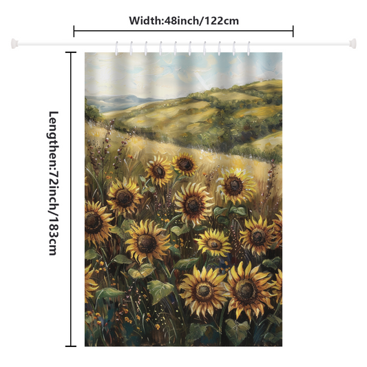 Elevate your bathroom decor with the Cotton Cat Whimsical Rustic Charm Sunflowers Shower Curtain, featuring a picturesque countryside landscape. Measuring 48 inches (122 cm) wide by 72 inches (183 cm) long, this curtain perfectly combines whimsy and rustic charm.