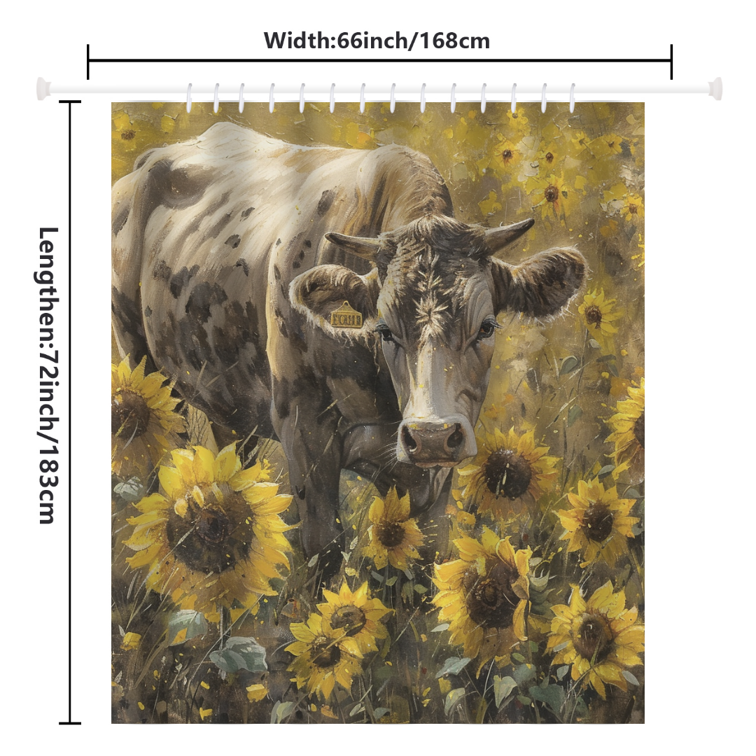 A cow stands amidst a field of sunflowers, captured perfectly on the Rustic Cow Yellow Sunflower Shower Curtain by Cotton Cat. Measuring 66 inches in width (168 cm) and 72 inches in length (183 cm), it's an ideal addition to any farmhouse bathroom decor.