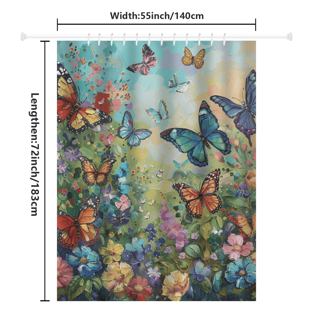 The whimsical Colorful Blue Butterfly Shower Curtain-Cottoncat by Cotton Cat, made from water-resistant fabric, features vibrant butterflies and flowers. Measuring 55 inches wide by 72 inches long, it's the perfect addition to your bathroom decor.