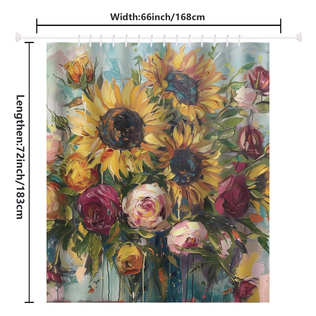 A vibrant floral watercolor painting featuring sunflowers and roses, perfect for your Floral Bathroom Decor. This stunning Watercolor Painting Sunflower and Roses Shower Curtain-Cottoncat by Cotton Cat measures 66 inches wide by 72 inches long.