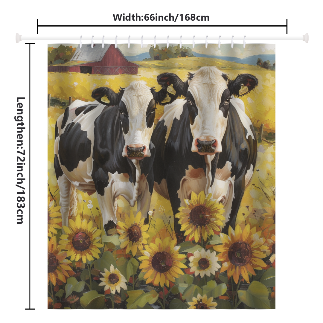 The Farmhouse Black White Cow Sunflower Shower Curtain by Cotton Cat showcases two black and white cows standing amidst sunflowers, with a barn and a yellow landscape in the background. Measuring 66 inches wide by 72 inches long, it's perfect for infusing sunflower decor into your bathroom.