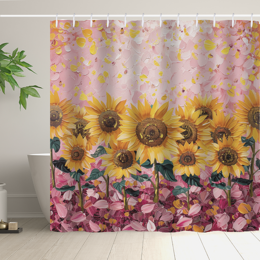The Vintage Pink Watercolor Sunflower Shower Curtain with Artistic Paint-Cottoncat by Cotton Cat, adorned with a sunflower and pink petal design, hangs gracefully in the bathroom. Complementing the vintage aesthetic is a potted green plant sitting next to the bathtub.