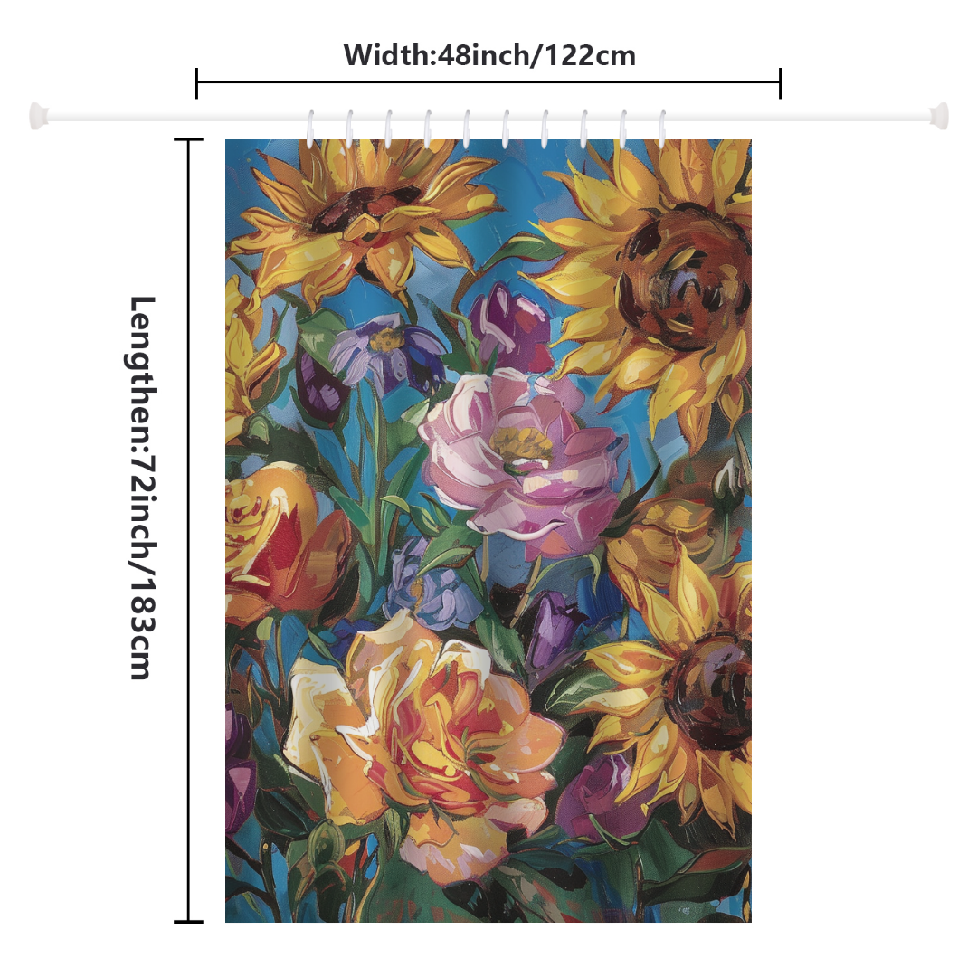 The Cotton Cat shower curtain, named "Colorful Purple Floral Sunflower Shower Curtain Blue Sky-Cottoncat," showcases a vibrant polyester design featuring sunflowers, roses, and other flowers against a Blue Sky backdrop. It measures 48 inches (122 cm) in width and 72 inches (183 cm) in length.