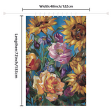 The Cotton Cat shower curtain, named "Colorful Purple Floral Sunflower Shower Curtain Blue Sky-Cottoncat," showcases a vibrant polyester design featuring sunflowers, roses, and other flowers against a Blue Sky backdrop. It measures 48 inches (122 cm) in width and 72 inches (183 cm) in length.