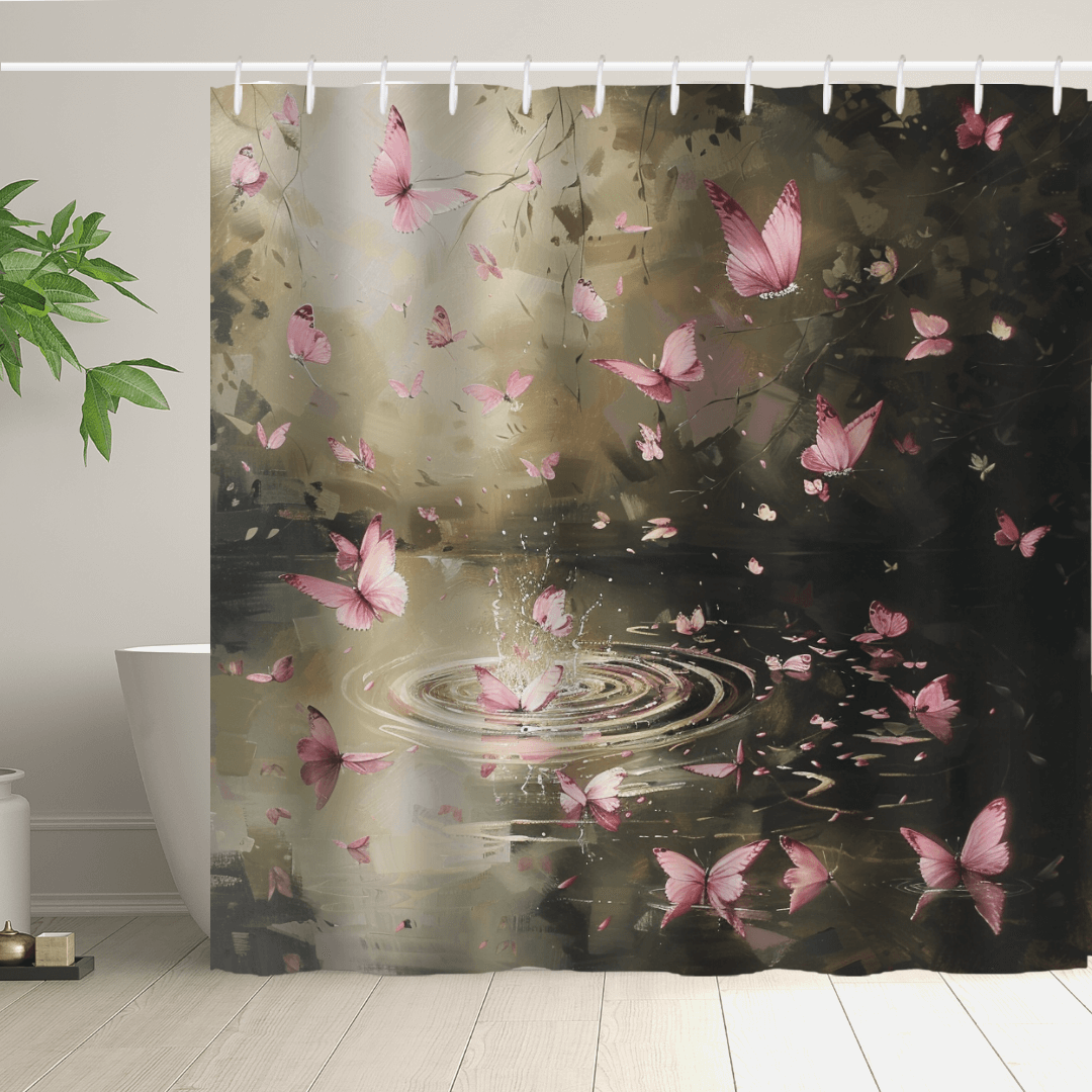 The Pink Butterfly Flying over Forest Water Shower Curtain-Cottoncat from Cotton Cat features a whimsical design of pink butterflies fluttering around a puddle with ripples, set in a woodland background. A potted plant and part of a white bathtub are visible, creating perfect Nature Bathroom Decor.