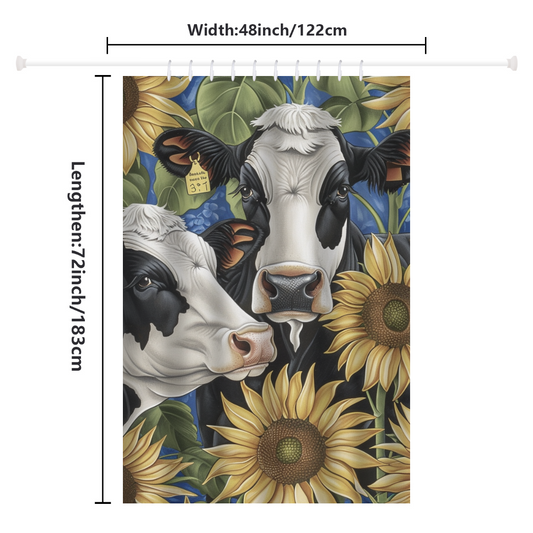 Introducing the Rustic Cow Sunflower with Green Leaf Shower Curtain-Cottoncat by Cotton Cat, a delightful addition to your farmhouse-themed decor. This polyester curtain showcases two black-and-white cows amidst vibrant sunflowers and measures 48 inches wide by 72 inches long.