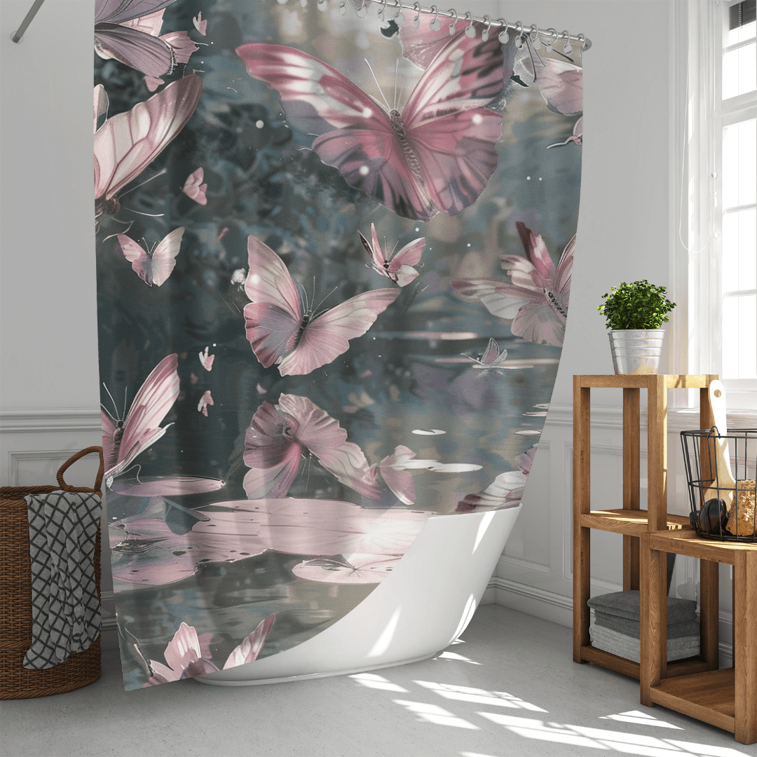 A Cotton Cat Watercolor Colorful Monarch Butterfly Flower Garden Shower Curtain stylishly hangs in a white bathroom with a wicker basket and wooden shelf.