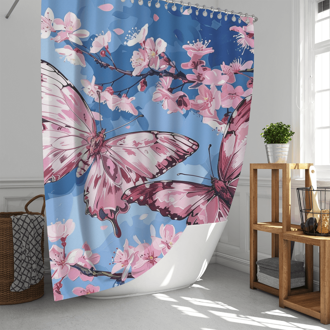 A Cotton Cat Aesthetic Blue Sky Pink Butterfly Floral Shower Curtain hangs in a bright bathroom, alongside a woven hamper and a wooden shelf adorned with a potted plant and toiletries, completing the nature-inspired art decor.